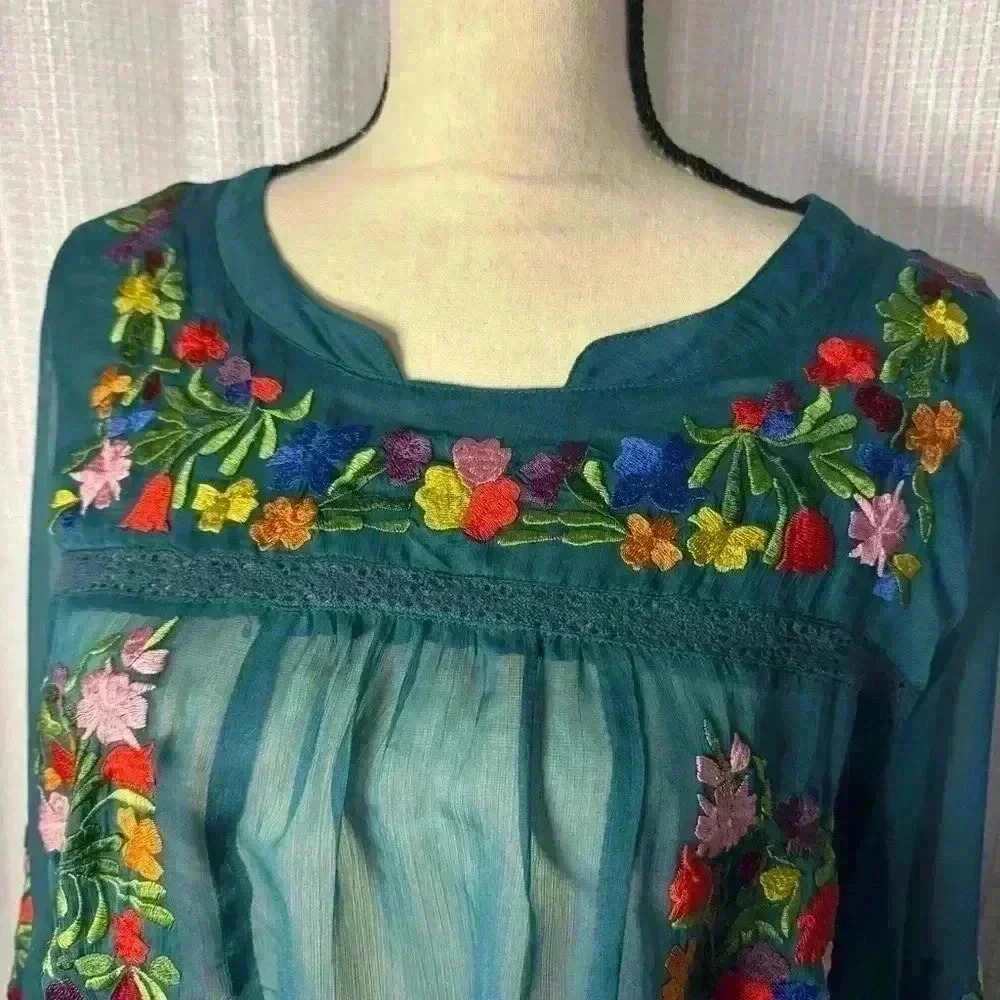 Anu Gorgeous Women’s Turquoise L/S Rayon Chiffon Embroidered Sheer Large Top - Picture 2 of 14